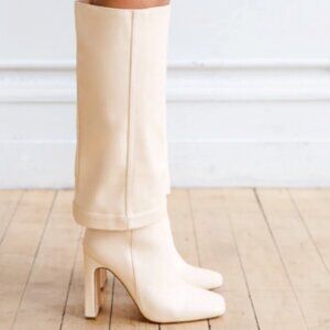 Lulus Lorlia Almond Cream Off White Square Toe Knee High Foldover Boots 8